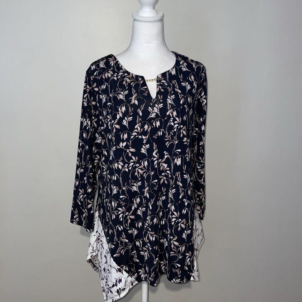 Zac & Rachel Navy Floral Vine Print Keyhole Chain Blouse Boho Chic Large